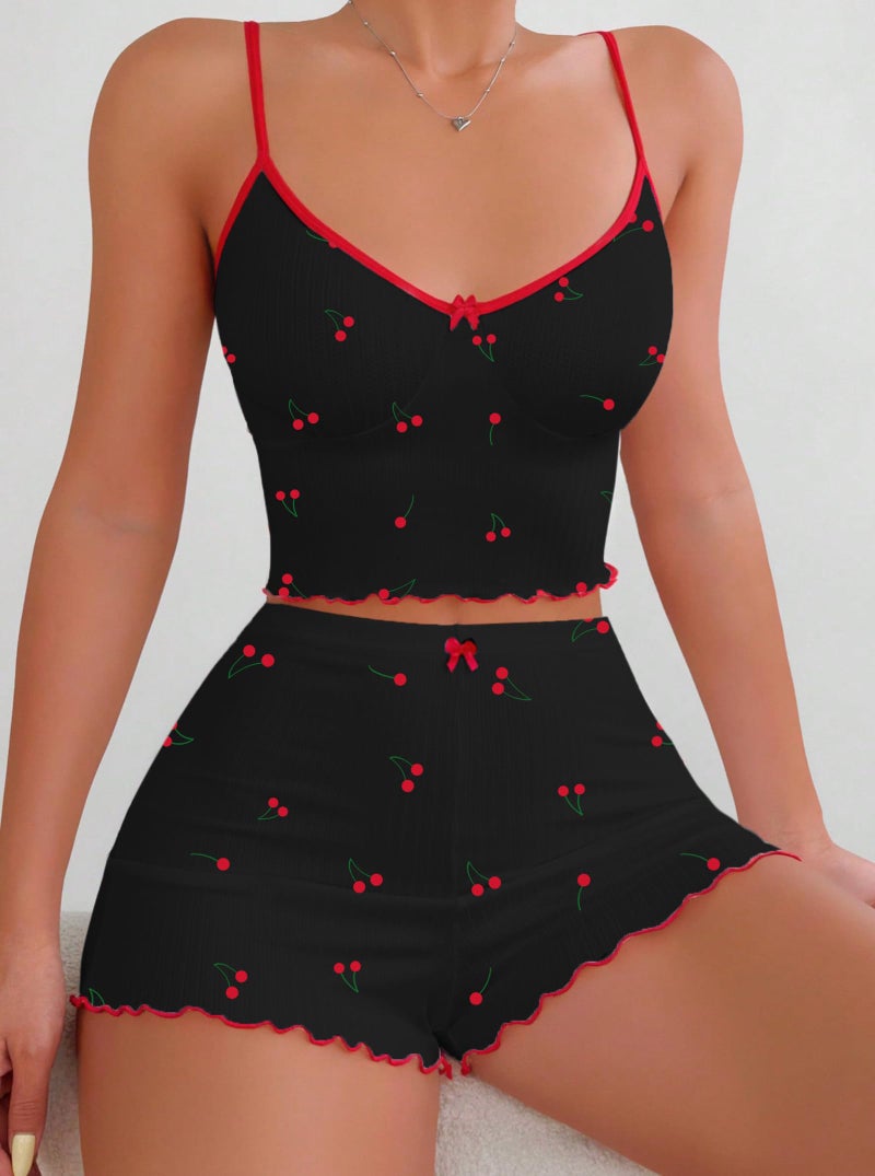 Hilinker Women's 2 Piece Cherry Pajama Set Ribbed Cami Top and Shorts Sleepwear Cute Pjs Black Red Cherry Small - Image 4