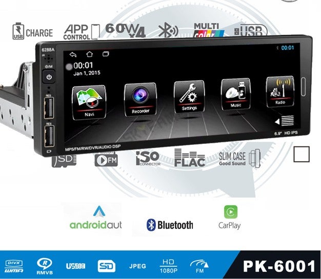 Poke Single Din Tape Android 6.9 Inch 2-32 GPS 4X60 Watt 2xUSB Charging ...