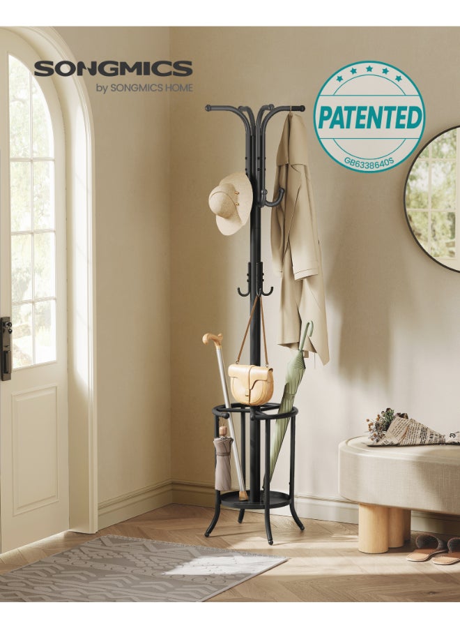 SONGMICS حامل معاطف SONGMICS قائم بذاته، حامل معاطف مع حاملة مظلات، 12 خطاف، معدني، 175 سم ارتفاع، لمدخل المنزل، الممر، غرفة المعيشة، غرفة النوم، أسود حبر - Image 2