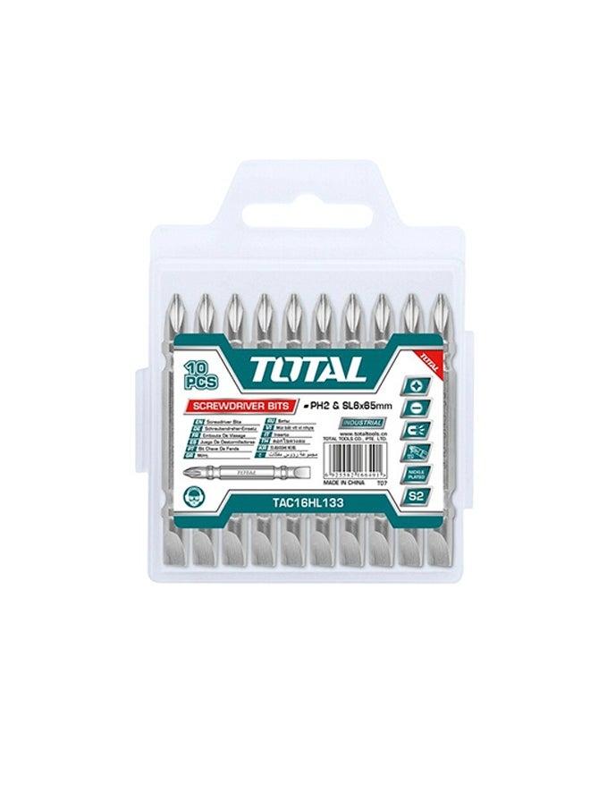 Total Tools TOTAL Industrial Screwdriver Bits Set – PH2 + SL6.0 Double-Ended 65mm (10 Pcs) | S2 Steel | Magnetic | Nickel Plated | Cross & Slotted Head  - Image 2