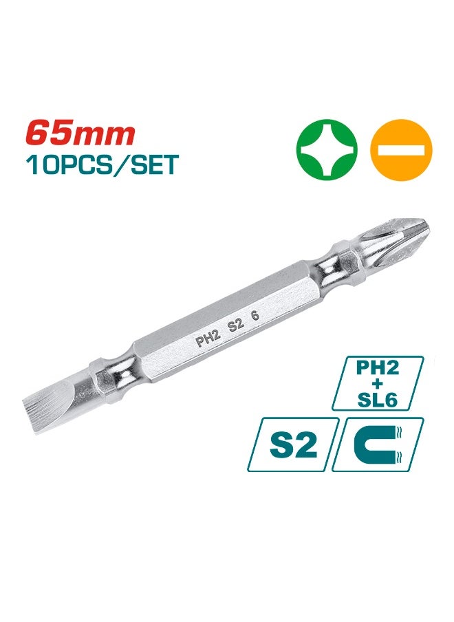 Total Tools TOTAL Industrial Screwdriver Bits Set – PH2 + SL6.0 Double-Ended 65mm (10 Pcs) | S2 Steel | Magnetic | Nickel Plated | Cross & Slotted Head  - Image 1