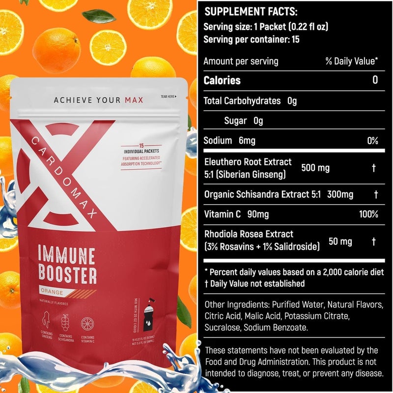 CardoMax Immunity Booster Liquid Drink Mix with Ginseng and Vitamin C for Kids and Adults Immune Support Supplement for Energy and Wellness Orange Flavor 15 SingleServe Liquid Stick Packs - Image 3