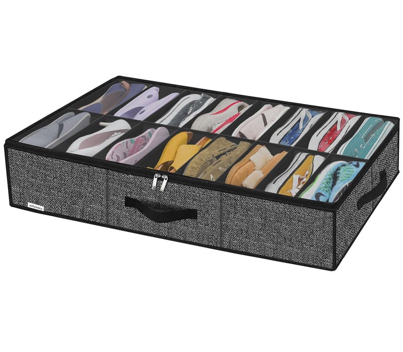 Onlyeasy Sturdy Under Bed Shoe Storage Organizer Fit 8 to 16 Pairs, Collapsible Closet Underbed Shoes Container Bags with Reinforced Handles, 37.7x23.6x5.9in, Linen-like Black, MXAUBS16P1 - Image 1