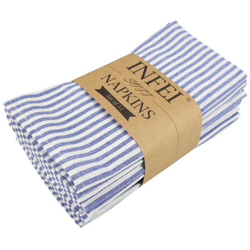 INFEI Plain Striped Cotton Linen Blended Dinner Cloth Napkins Set of 12 40 x 30 cm for Events Home Use Blue