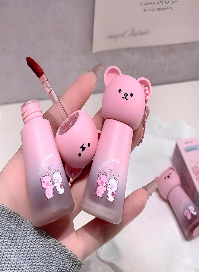 Gege Bear Cute Soft Mist Lip Mud | Smudge & Transfer-Proof | Hydrate Lips, Rich Creamy Lipstick | Single Swipe Application | Velvety Matte Finish | Adorable Bear Bottle with Chain Attachment | Suitable Lipstick for All Tones Women Girls Makeup (02# Soft Coral Pink, 3.5g) - Image 1