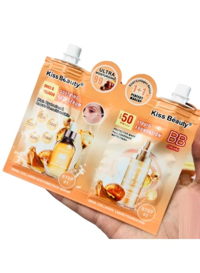 Kiss Beauty Snail & Collagen Soothing Facial Serum High Hydration & Repair for Sensitive Skin 15ml with Snail & Collagen BB Liquid Foundation SPF 50+++ Sunscreen, Full Coverage, Matte Finish 15ml by Kiss Beauty  - Image 1