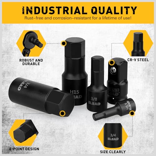 ELEAD مجموعة مفاتيح سداسية التأثير: 36 قطعة مع 4 محولات، 1/4"، 3/8"، 1/2" مجموعة مفاتيح ألين الرئيسية، فولاذ Cr-V، SAE وميتر، H5-H19 و3/4"-5/64"، صندوق تخزين معزز، ميكانيكي سيارات - Image 3