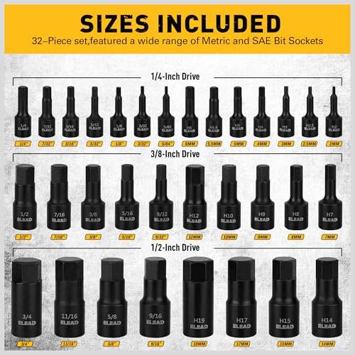 ELEAD مجموعة مفاتيح سداسية التأثير: 36 قطعة مع 4 محولات، 1/4"، 3/8"، 1/2" مجموعة مفاتيح ألين الرئيسية، فولاذ Cr-V، SAE وميتر، H5-H19 و3/4"-5/64"، صندوق تخزين معزز، ميكانيكي سيارات - Image 2