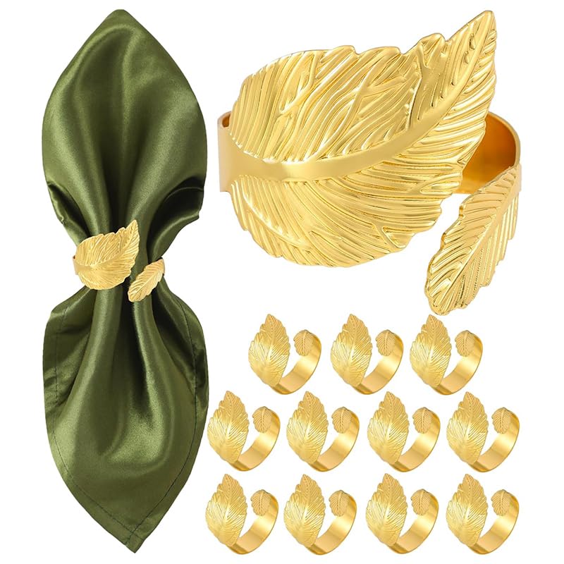 HASTHIP® 12 Pcs Gold Napkin Rings Shiny Metal Napkin Ring Study Leaf Shaped Table Decor for Christmas, Easter, Wedding, Party, Elegant Table Settings Gift Ideas - Image 1