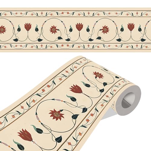ELTON Peel and Stick Wallpaper Border - Floral Stone Inlay Marble Pattern - Glossy Laminated Waterproof PVC - for Kitchen, Tile, Living Room Bathroom Decoration 3 Inch X 10 feet Set f 2(BDR9, 2) - Image 1