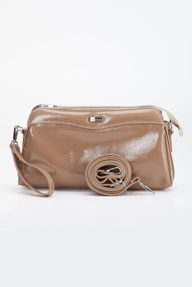 Dilimler Ayakkabı Women's Clutch Wallet Bag Mink Patent Leather 3 Compartment Long Short Strap
