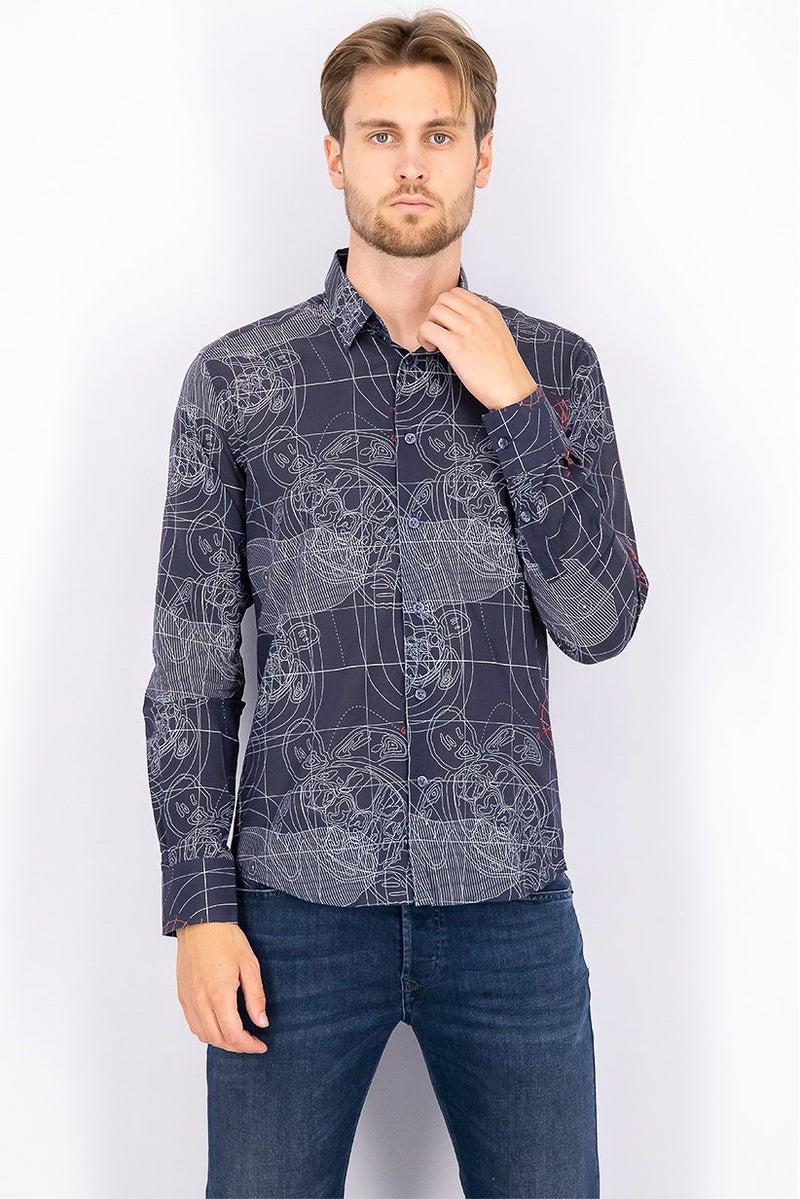 Vilebrequin Men Regular Fit Long Sleeve Printed Casual Shirt, Sonar and Grey - Image 1