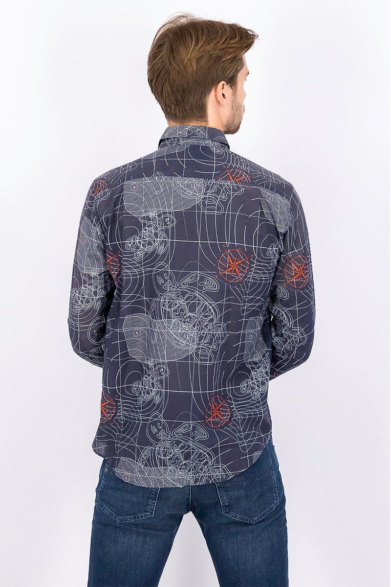 Vilebrequin Men Regular Fit Long Sleeve Printed Casual Shirt, Sonar and Grey - Image 3