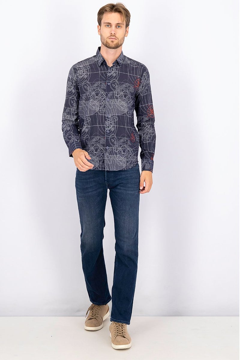 Vilebrequin Men Regular Fit Long Sleeve Printed Casual Shirt, Sonar and Grey - Image 2