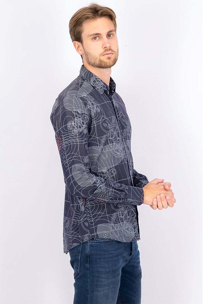 Vilebrequin Men Regular Fit Long Sleeve Printed Casual Shirt, Sonar and Grey - Image 4
