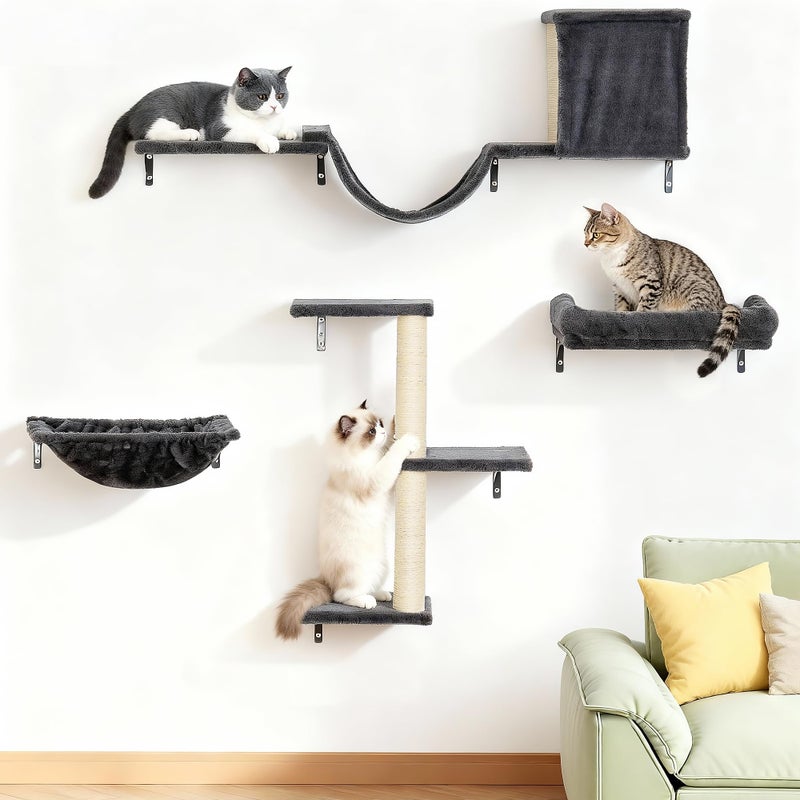 Aechonow Heavy Duty Cat Wall Shelves for Indoor Cats Large Adult, 17'' Large Hammock and Perch Bed for Wall, 5-in-1 Wall-Mounted Cat Climbing Set for Multi-Room Use - Image 1