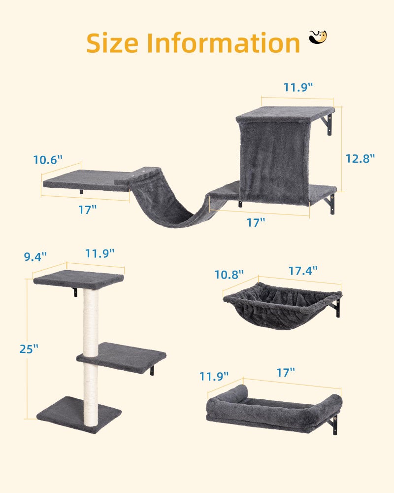 Aechonow Heavy Duty Cat Wall Shelves for Indoor Cats Large Adult, 17'' Large Hammock and Perch Bed for Wall, 5-in-1 Wall-Mounted Cat Climbing Set for Multi-Room Use - Image 3