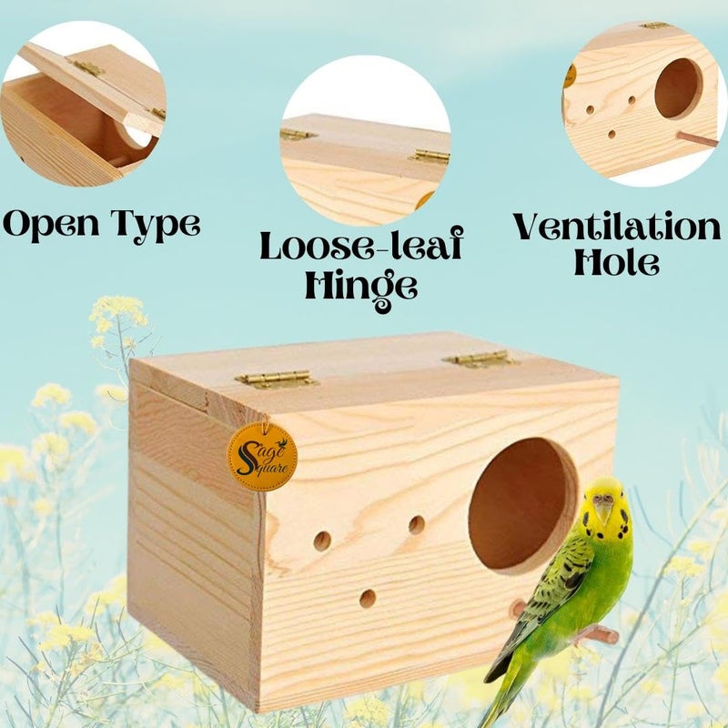 Sage Square Jumbo Size Natural Wood Mountable Nest Cum Breeding Box with Perch Attached (Design for Medium Size Birds) - Image 2