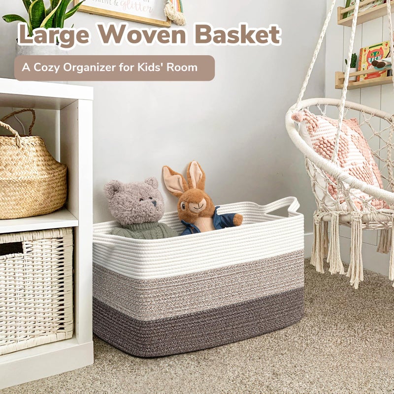 Goodpick Large Woven Storage Basket, 21.6"x14.9"x11.8", Blanket Storage for Bedroom and Living Room, Rectangle Rope Baskets for Storage, White Brown - Image 2