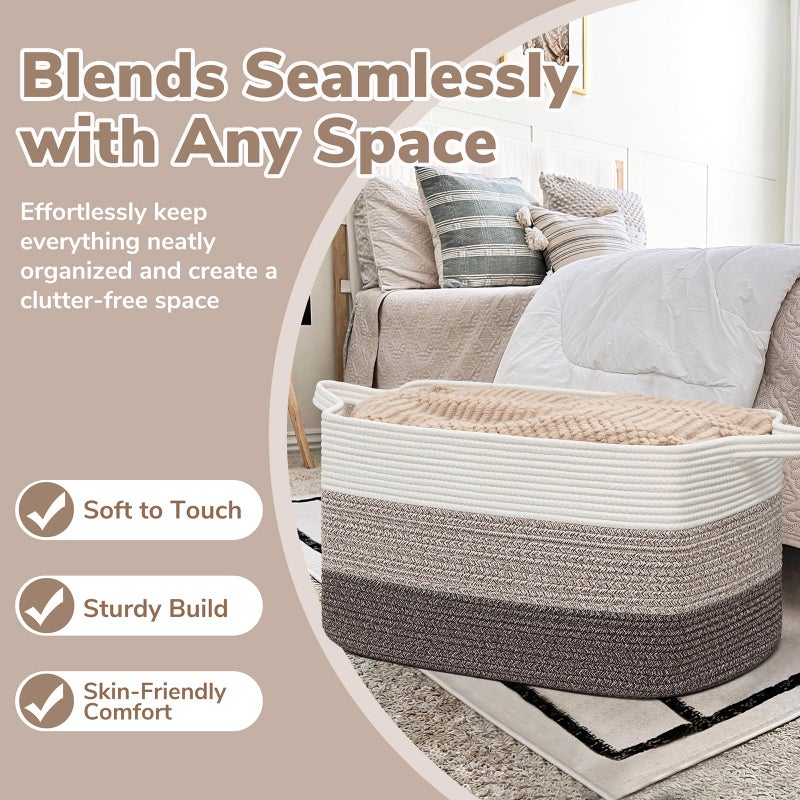Goodpick Large Woven Storage Basket, 21.6"x14.9"x11.8", Blanket Storage for Bedroom and Living Room, Rectangle Rope Baskets for Storage, White Brown - Image 5