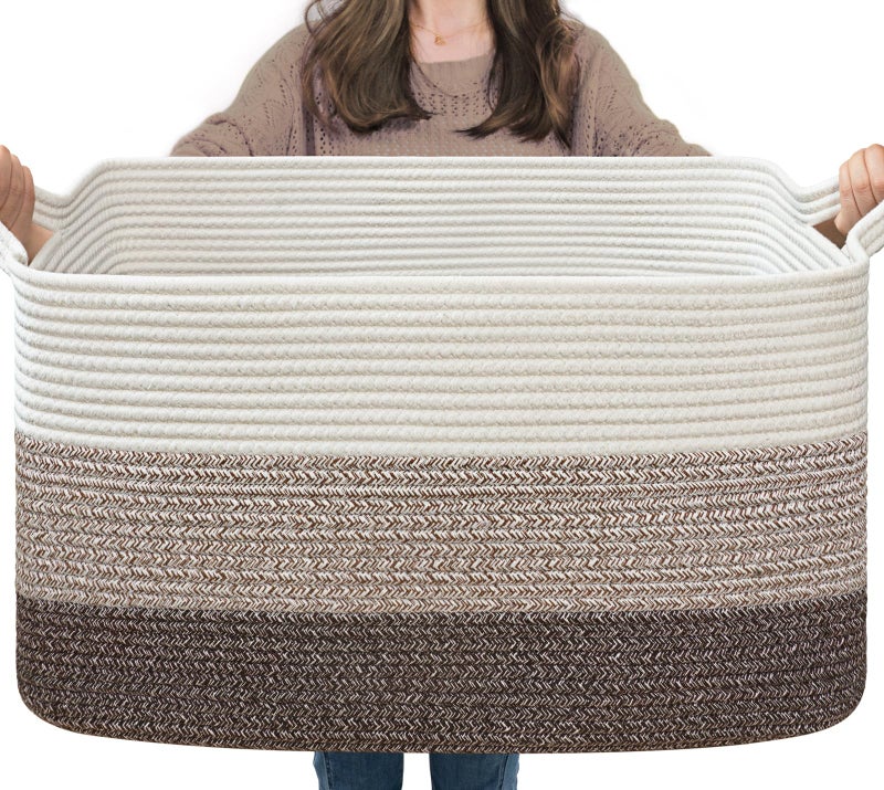 Goodpick Large Woven Storage Basket, 21.6"x14.9"x11.8", Blanket Storage for Bedroom and Living Room, Rectangle Rope Baskets for Storage, White Brown - Image 1