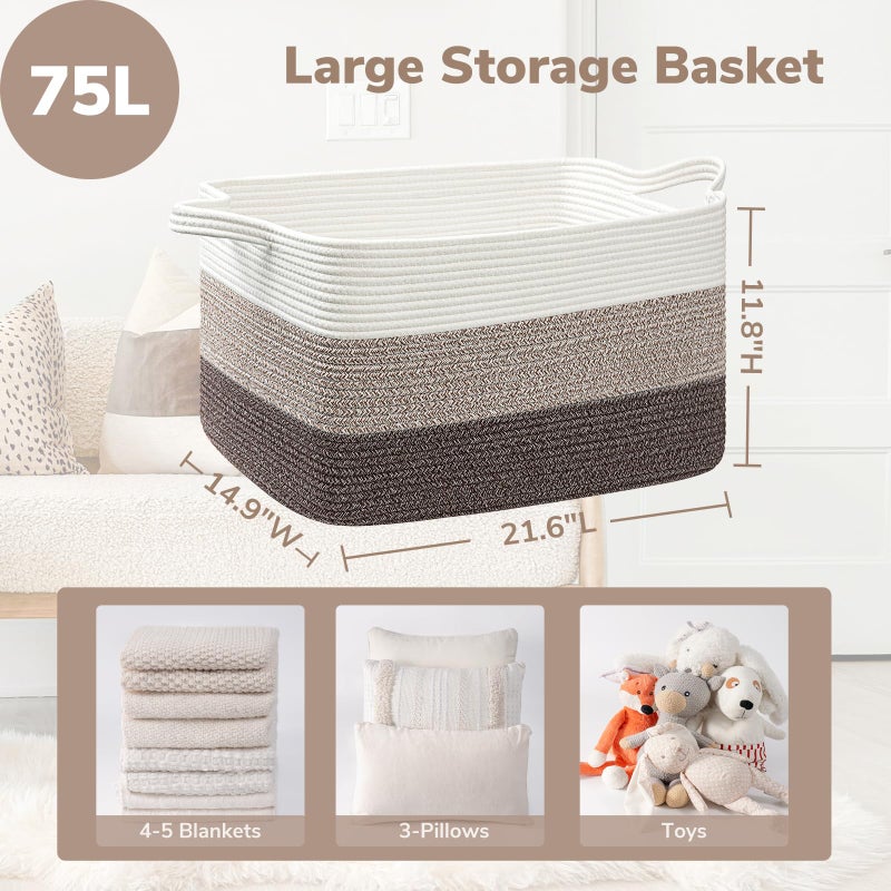 Goodpick Large Woven Storage Basket, 21.6"x14.9"x11.8", Blanket Storage for Bedroom and Living Room, Rectangle Rope Baskets for Storage, White Brown - Image 3