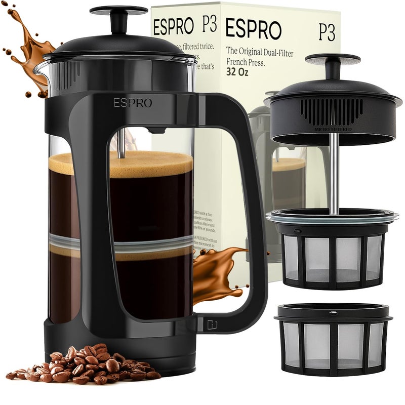 ESPRO P3 French Press Coffee Maker â€“ Patented Double Micro-Filter for Grit-Free Brew, Heat Resistant thicker Borosilicate Glass Coffee press â€“ (32 oz) - Image 1
