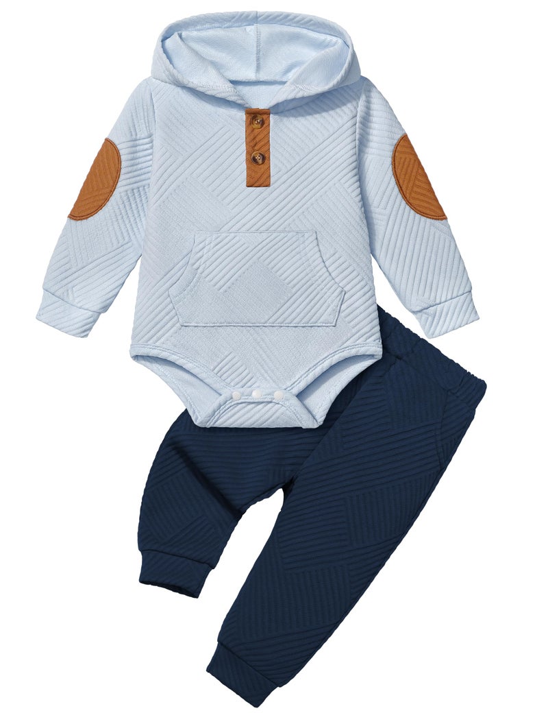 Fommy Baby Boy Clothes 6-9 Month Boy Outfits Light Blue Colorblocked Long Sleeve Hoodie + Black Long Pants 2PCS Fall Winter Outfits Set - Image 1