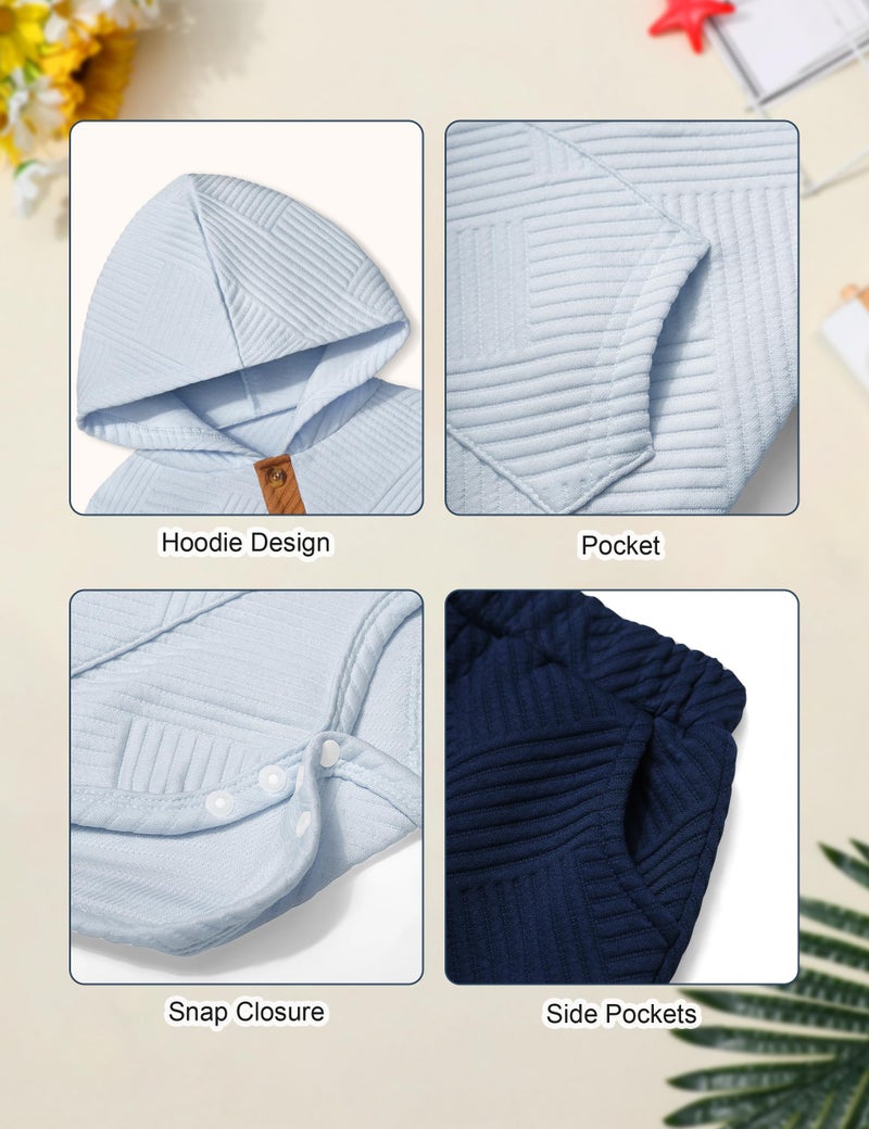 Fommy Baby Boy Clothes 6-9 Month Boy Outfits Light Blue Colorblocked Long Sleeve Hoodie + Black Long Pants 2PCS Fall Winter Outfits Set - Image 5