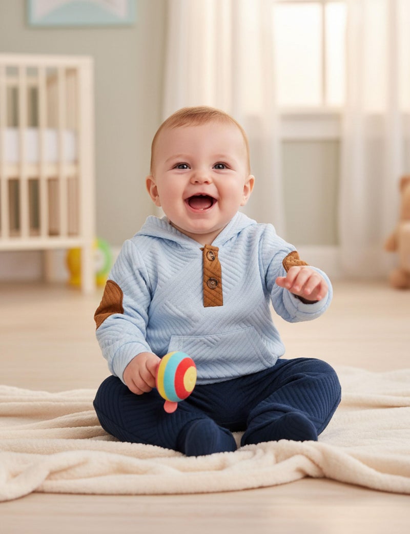 Fommy Baby Boy Clothes 6-9 Month Boy Outfits Light Blue Colorblocked Long Sleeve Hoodie + Black Long Pants 2PCS Fall Winter Outfits Set - Image 2