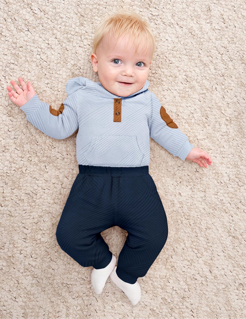Fommy Baby Boy Clothes 6-9 Month Boy Outfits Light Blue Colorblocked Long Sleeve Hoodie + Black Long Pants 2PCS Fall Winter Outfits Set - Image 4