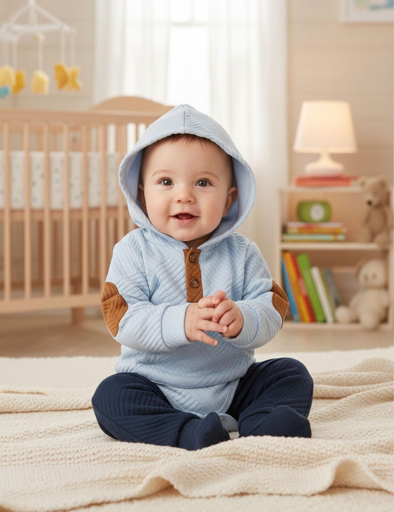 Fommy Baby Boy Clothes 6-9 Month Boy Outfits Light Blue Colorblocked Long Sleeve Hoodie + Black Long Pants 2PCS Fall Winter Outfits Set - Image 3