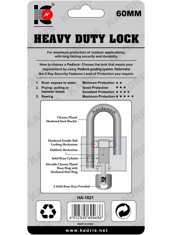 KADRIS Heavy-Duty Security Padlock Long HA-1821, Weather-Resistant in Heavy Duty steel Lock 60 MM - Padlock  shackle with Keys for Sheds, Storage Unit, School, Gym Locker, Fence, Toolbox, Hasp Storage  - Image 5