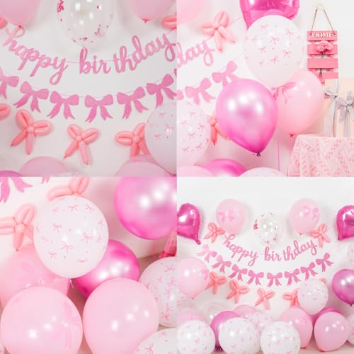 Vibzox Pink Bow Birthday Decorations,Bow Coquette Party Decorations with Pink Happy Birthday Banner Bow Balloons Heart Foil Balloons for Girls Women Baby Shower Bow Theme Decor - Image 4