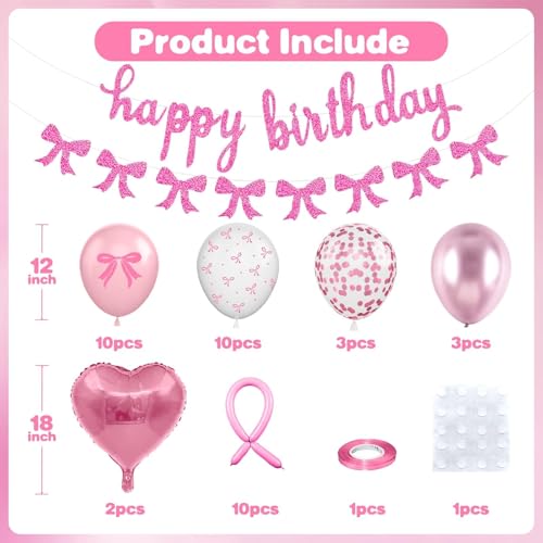 Vibzox Pink Bow Birthday Decorations,Bow Coquette Party Decorations with Pink Happy Birthday Banner Bow Balloons Heart Foil Balloons for Girls Women Baby Shower Bow Theme Decor - Image 2