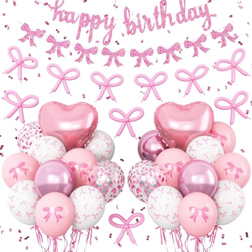 Vibzox Pink Bow Birthday Decorations,Bow Coquette Party Decorations with Pink Happy Birthday Banner Bow Balloons Heart Foil Balloons for Girls Women Baby Shower Bow Theme Decor - Image 1