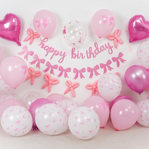 Vibzox Pink Bow Birthday Decorations,Bow Coquette Party Decorations with Pink Happy Birthday Banner Bow Balloons Heart Foil Balloons for Girls Women Baby Shower Bow Theme Decor - Image 3