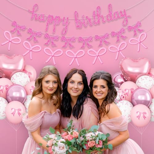 Vibzox Pink Bow Birthday Decorations,Bow Coquette Party Decorations with Pink Happy Birthday Banner Bow Balloons Heart Foil Balloons for Girls Women Baby Shower Bow Theme Decor - Image 5