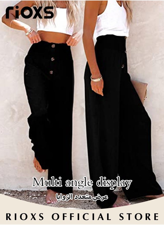 RIOXS - Women Wide Leg Ruffle Pants Casual Loose High Waist Tie-Knot Trousers With Pockets Woman's Button-up Pants - Image 1