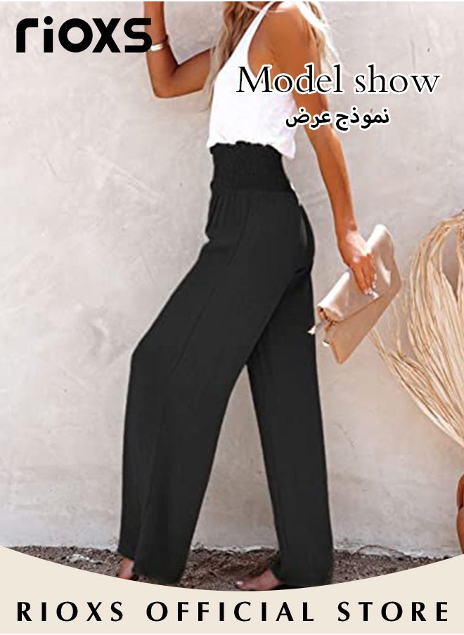 RIOXS - Women Wide Leg Ruffle Pants Casual Loose High Waist Tie-Knot Trousers With Pockets Woman's Button-up Pants - Image 1
