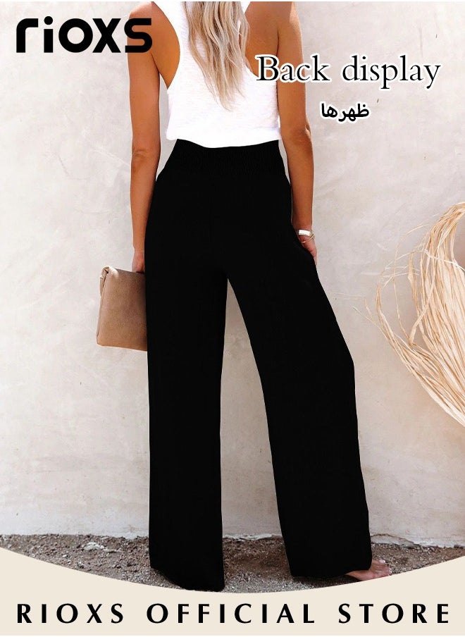 RIOXS - Women Wide Leg Ruffle Pants Casual Loose High Waist Tie-Knot Trousers With Pockets Woman's Button-up Pants - Image 1