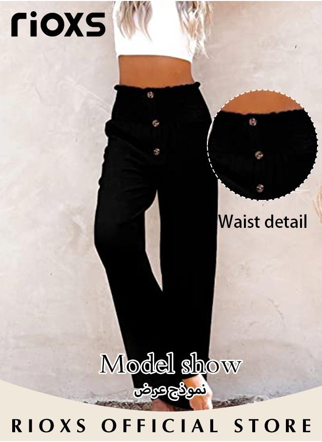 RIOXS - Women Wide Leg Ruffle Pants Casual Loose High Waist Tie-Knot Trousers With Pockets Woman's Button-up Pants - Image 1