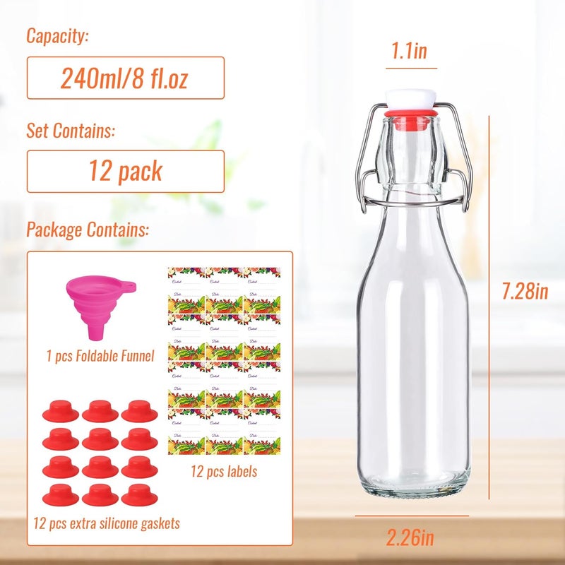 SZUAH 8 oz Swing Top Glass Bottles 12Pack, Reusable Flip Top Glass Bottle for Kombucha, Home Brewing, Beer, Beverage Storage(240ml, Set of 12) - Image 2