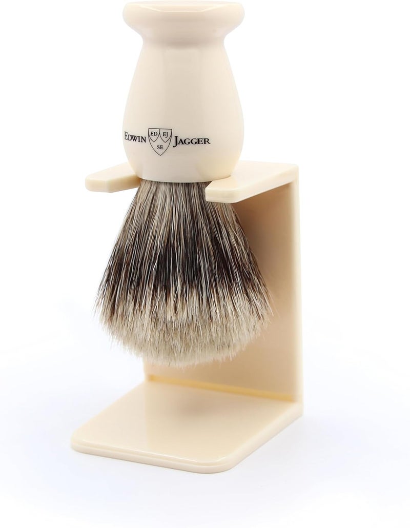 Edwin Jagger 1EJ947SDS Classic Best Badger Hair Exfoliating Shaving Brush with Stand for Shaving Cream or Shaving Soap for Men and Women Imitation Ivory - Image 1