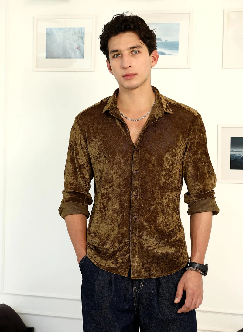 Campus Sutra Men's Coffee Brown Solid Velvet Shirt | Tailored Fit Full Sleeve Point Collar Solid Pattern | Premium Velvet Fabric & Woven Design For Club & Casual Wear