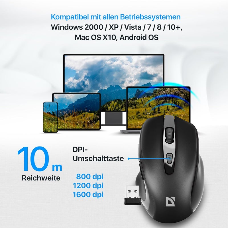Defender Prime MB-053 Wireless Optical Mouse, Ergonomic Silent Click Office Mouse with PixArt Sensor & 6 Buttons (Black) - Image 3