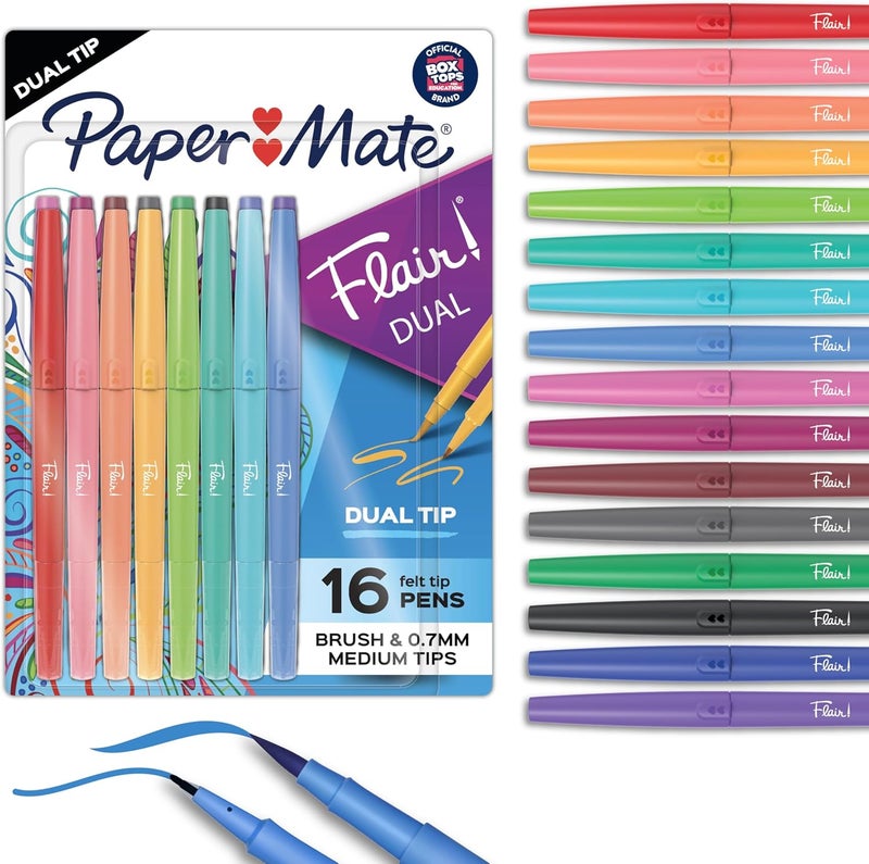 Papermate Flair DUAL Felt Tip Pens, Brush and Medium Tips, Assorted Colors, 16 Count - Journaling, Note-Taking, Hand Lettering - Image 1