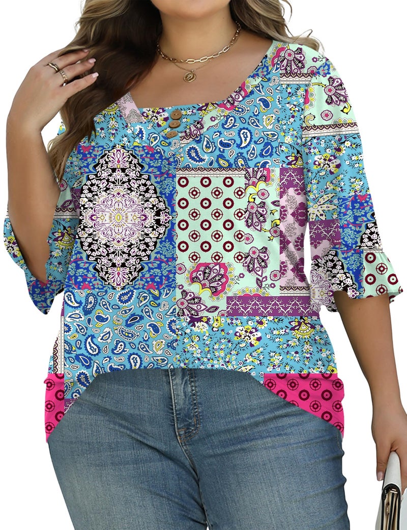 TFSDOD Boho Tops for Women Women's Plus Size 3/4 Sleeve Printed Tee Boho Loose Fit Blouses to Hide Belly 2026 Blue Boho 3XL - Image 4