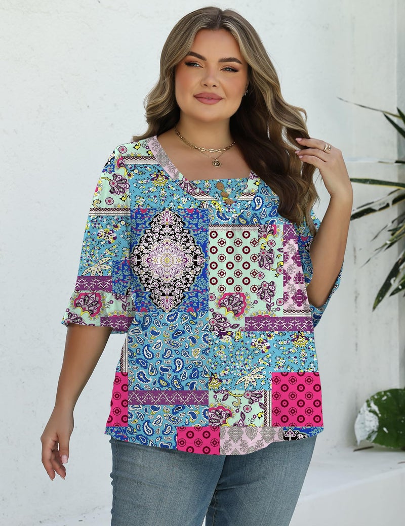 TFSDOD Boho Tops for Women Women's Plus Size 3/4 Sleeve Printed Tee Boho Loose Fit Blouses to Hide Belly 2026 Blue Boho 3XL - Image 3