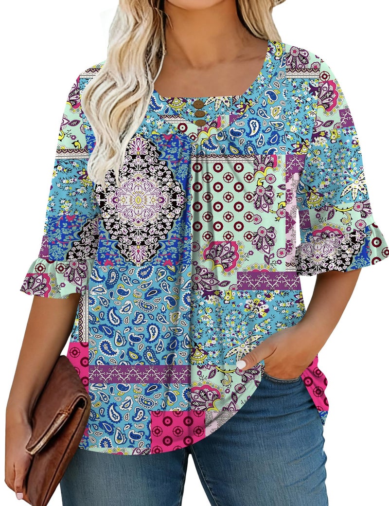 TFSDOD Boho Tops for Women Women's Plus Size 3/4 Sleeve Printed Tee Boho Loose Fit Blouses to Hide Belly 2026 Blue Boho 3XL - Image 2